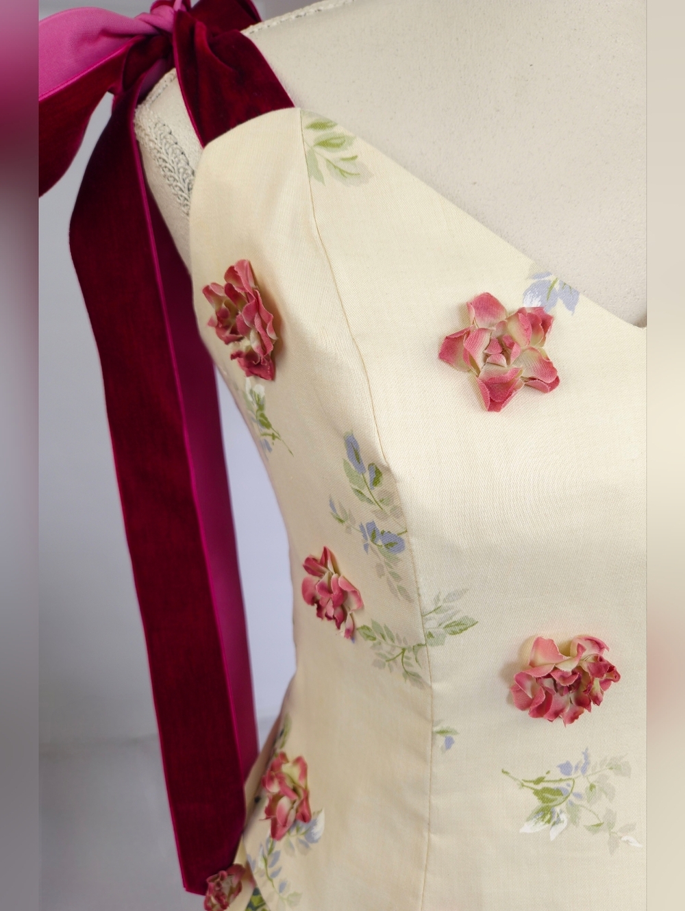 Upcycled Vintage Floral Corset Top and Skirt Set with Velvet Ribbon Ties - Picture 4 of 14